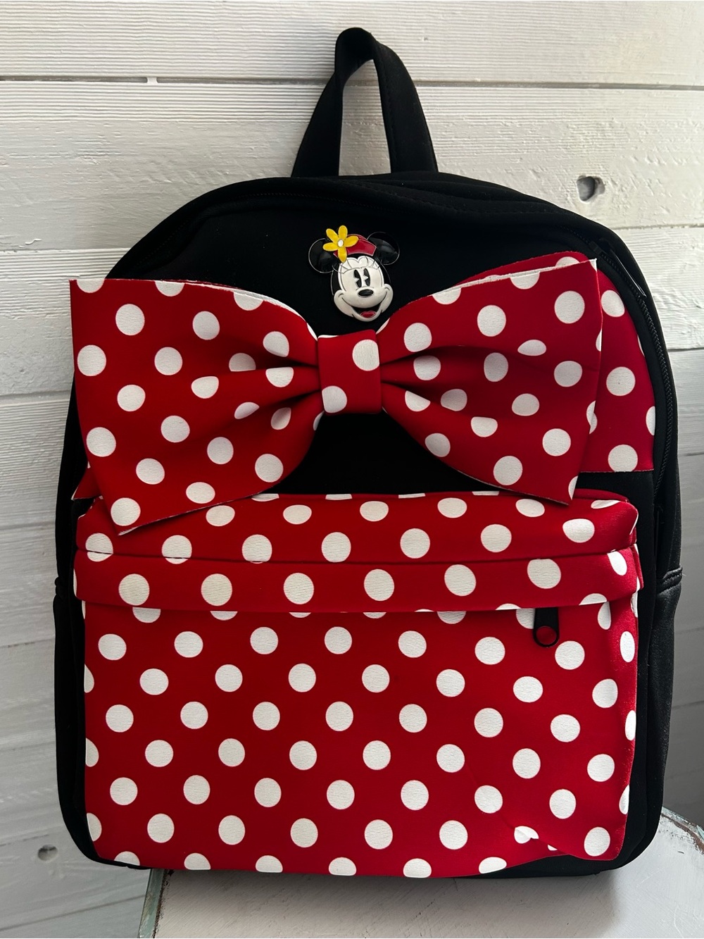 Disney Minnie Mouse black and Red Polka Dot Backpack with Bow. EUC